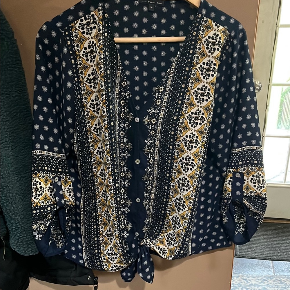 Navy Blue and Gold Patterned Women's Top